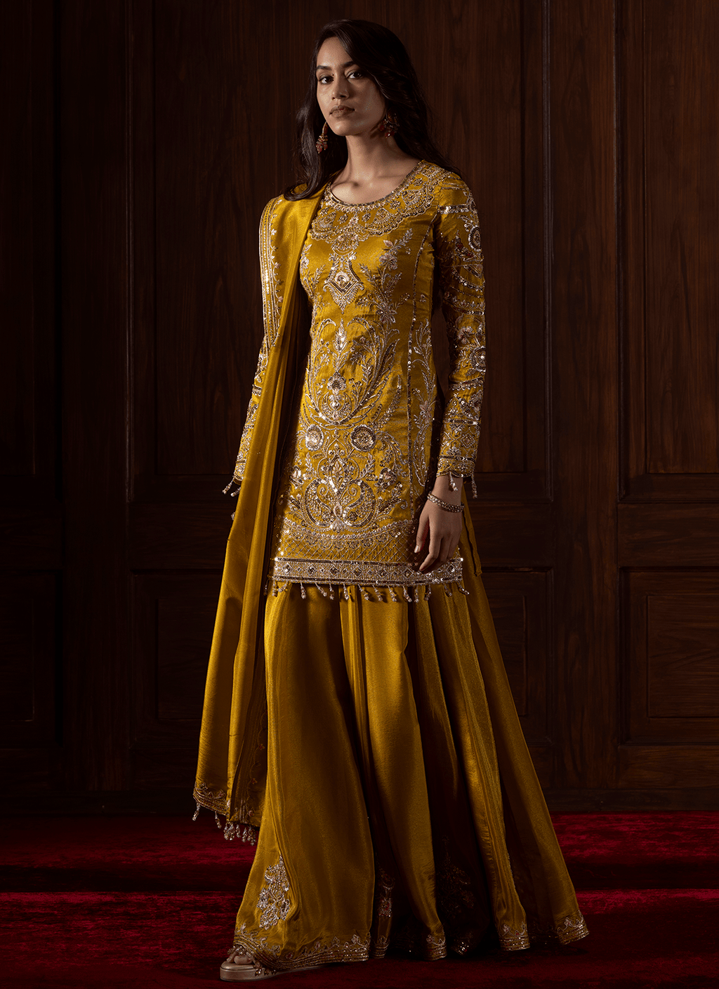 Mustard Embroidered Tissue Organza Sharara