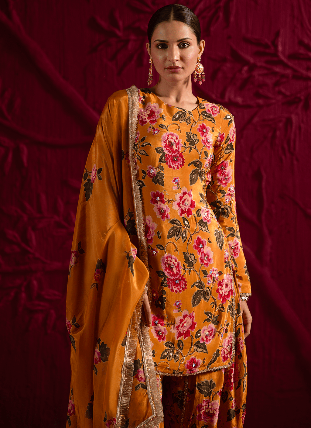 Mustard Floral Embroidered Crepe Punjabi Suit