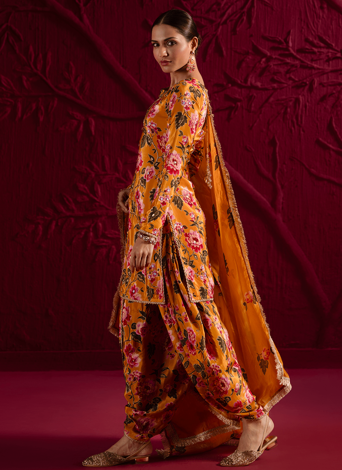 Mustard Floral Embroidered Crepe Punjabi Suit