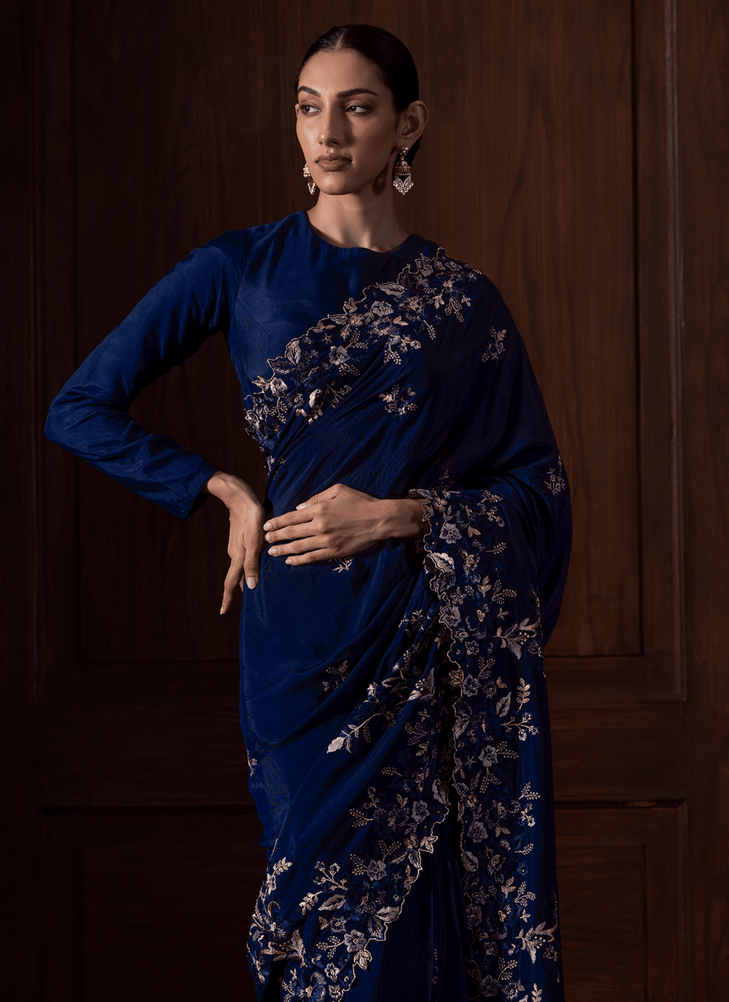 Navy Blue Embroidered Muslin Saree