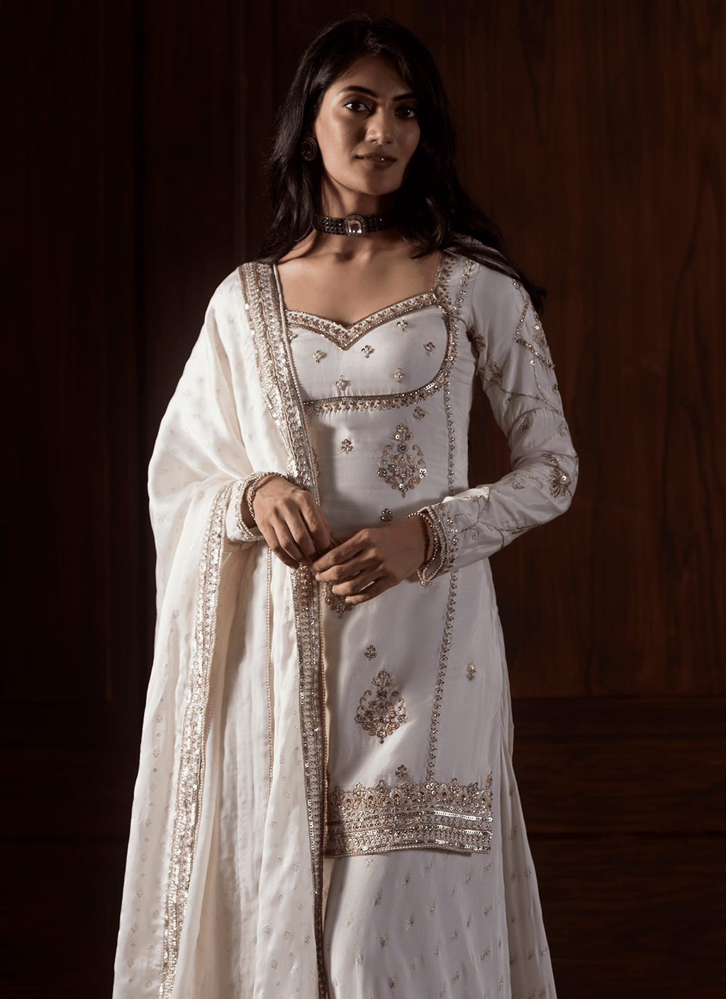 Off White Embroidered Satin Organza Sharara