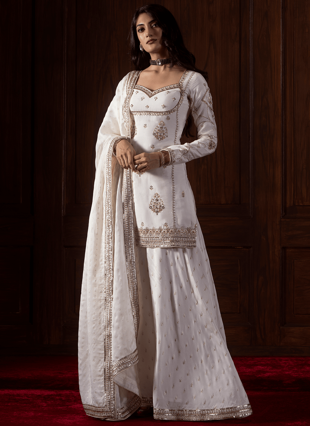 Off White Embroidered Satin Organza Sharara