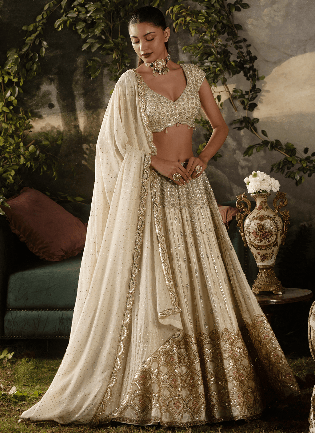 Off White Embroidered Tissue Lehenga