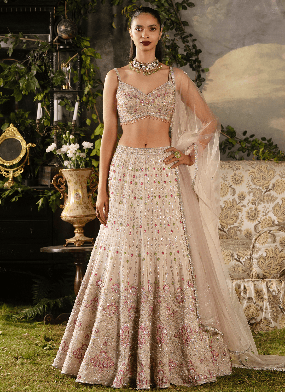 Off White Embroidered Tissue Lehenga