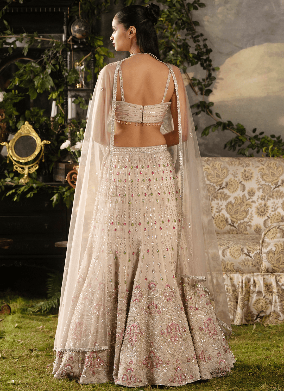 Off White Embroidered Tissue Lehenga