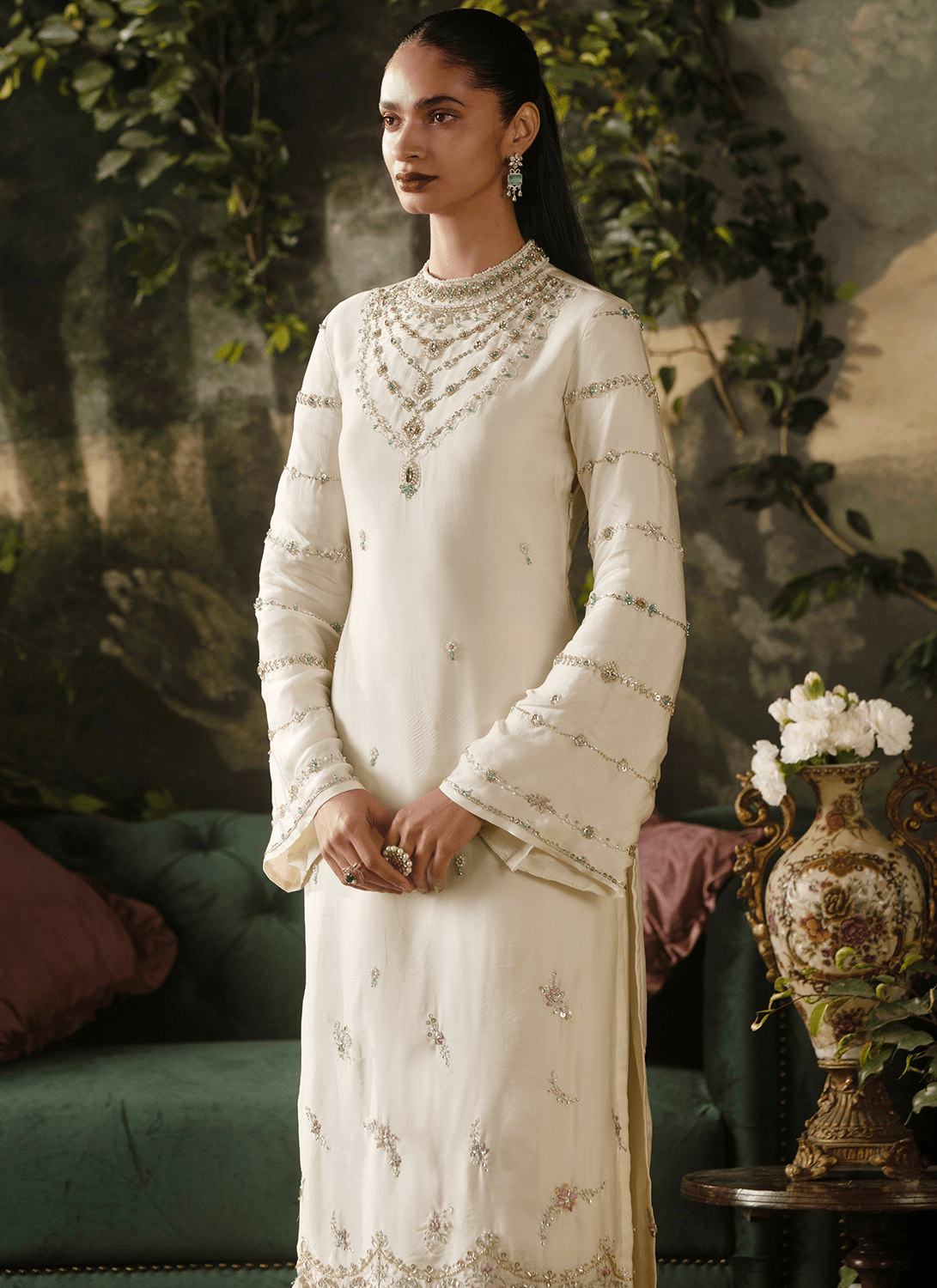 Off White Embroidered Viscose Satin Organza Straight Suit