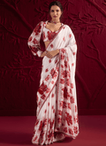 Off White Floral Embroidered Crepe Silk Saree