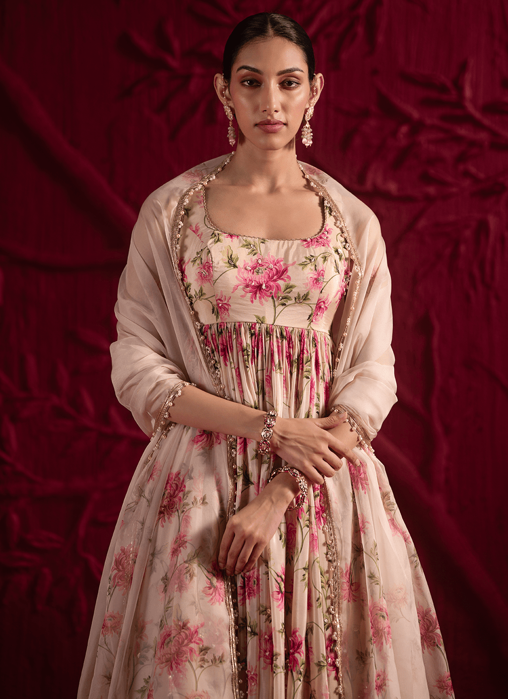 Off White Floral Embroidered Silk Anarkali