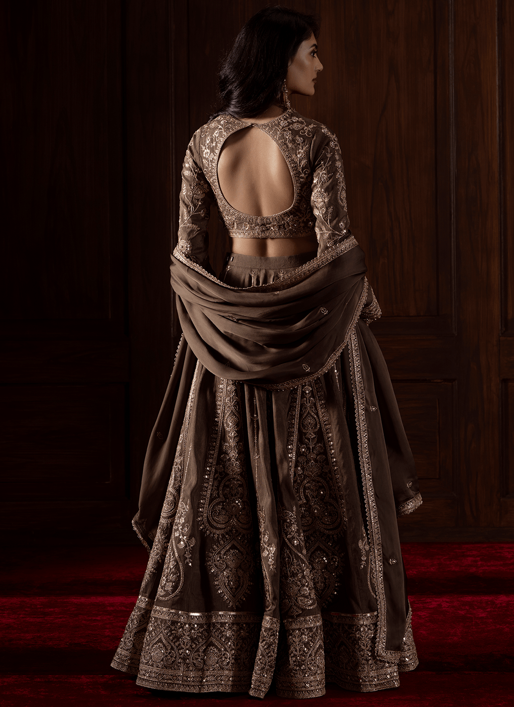 Olive Brown Embroidered Silk Lehenga