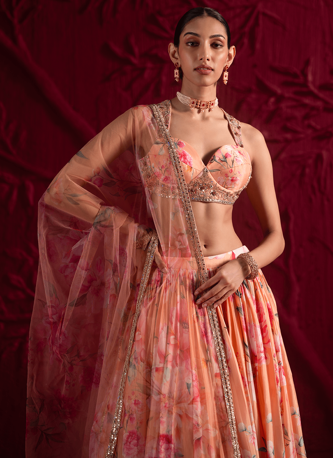 Orange and Pink Floral Embroidered Lehenga