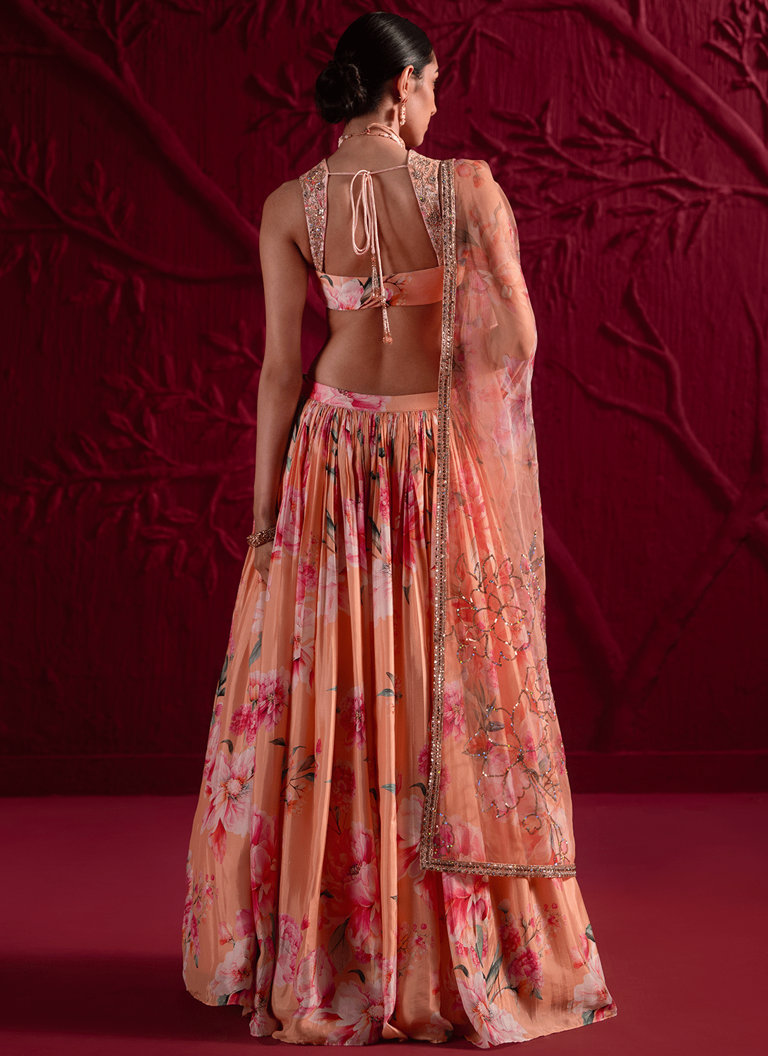 Orange and Pink Floral Embroidered Lehenga