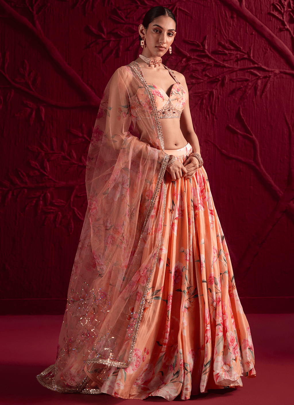 Orange and Pink Floral Embroidered Lehenga