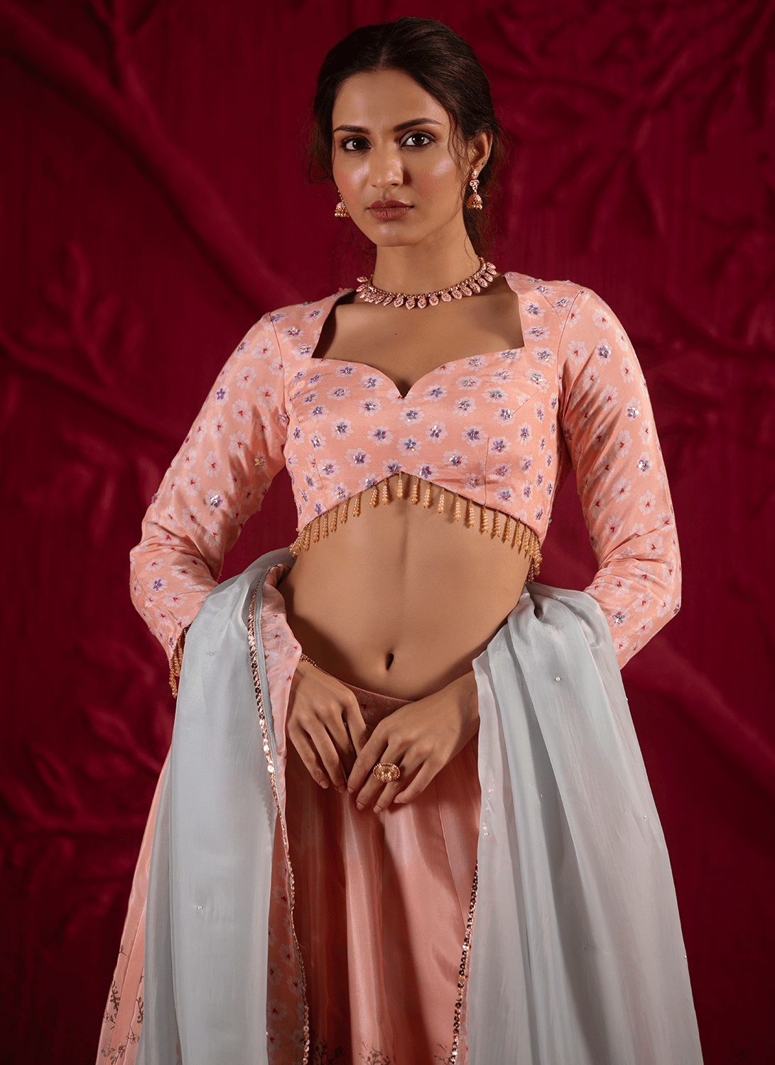 Peach Floral Embroidered Crepe Silk Lehenga