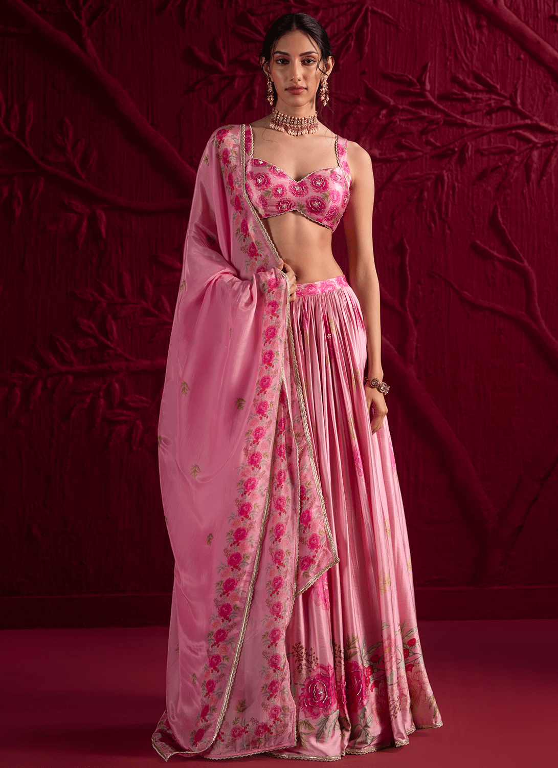 Pink Floral Embroidered Satin Georgette Lehenga