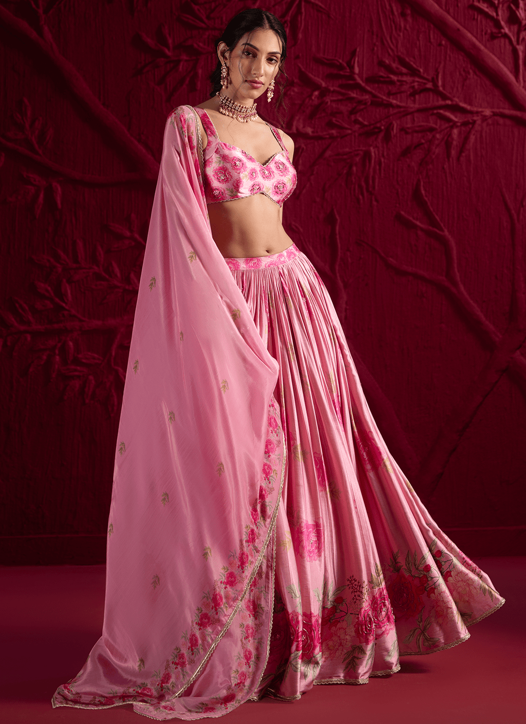 Pink Floral Embroidered Satin Georgette Lehenga