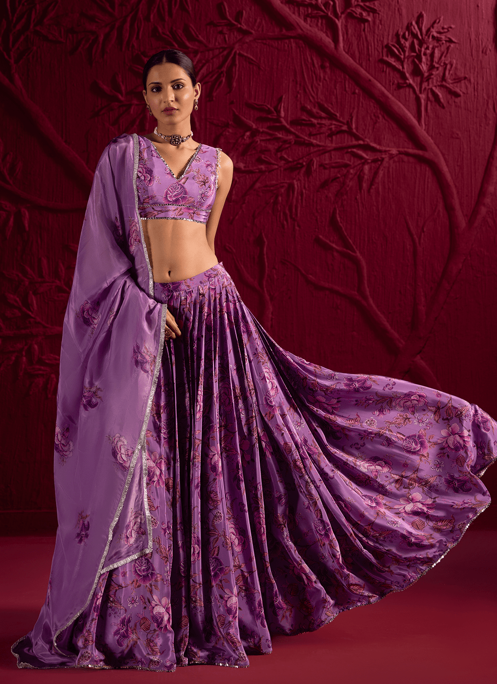 Purple Floral Embroidered Crepe Silk Lehenga