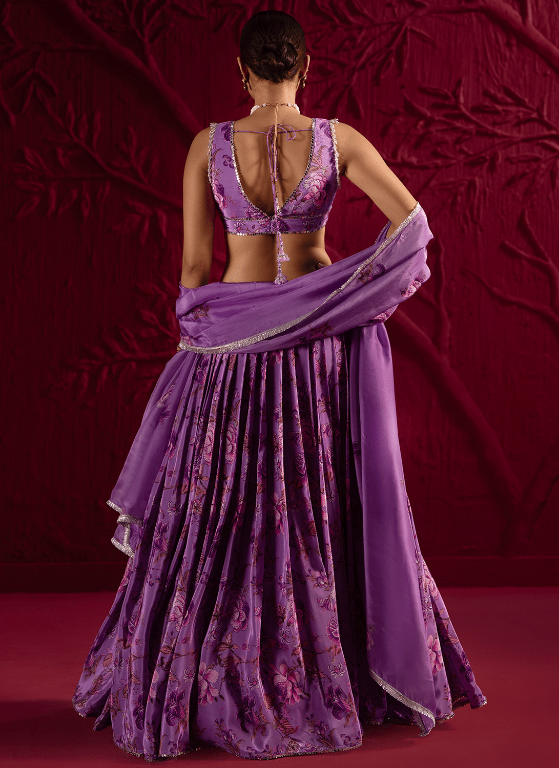 Purple Floral Embroidered Crepe Silk Lehenga