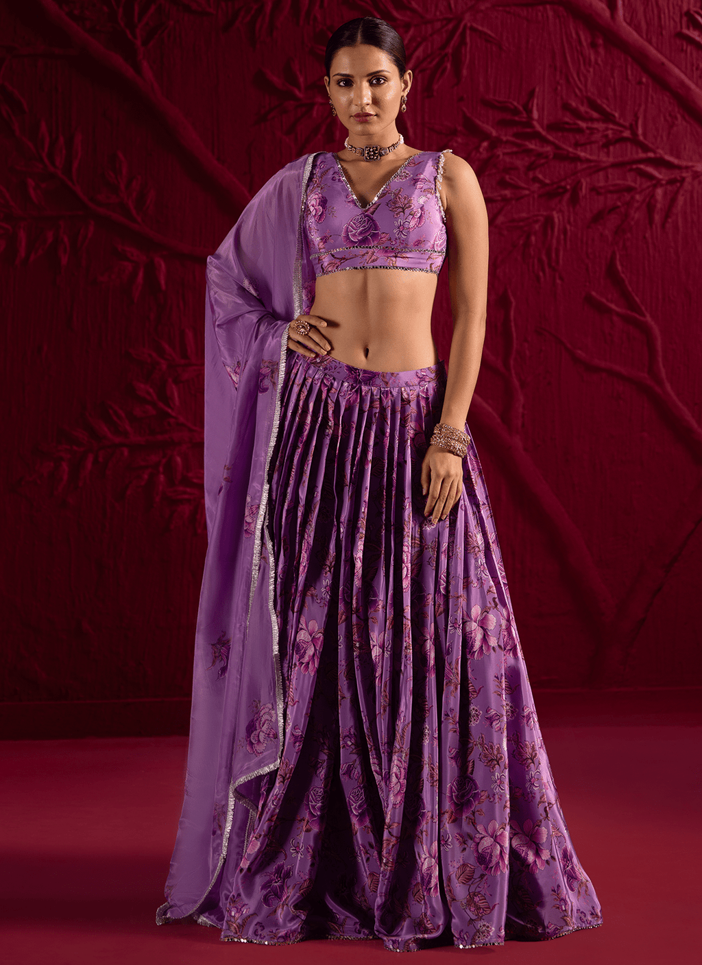 Purple Floral Embroidered Crepe Silk Lehenga