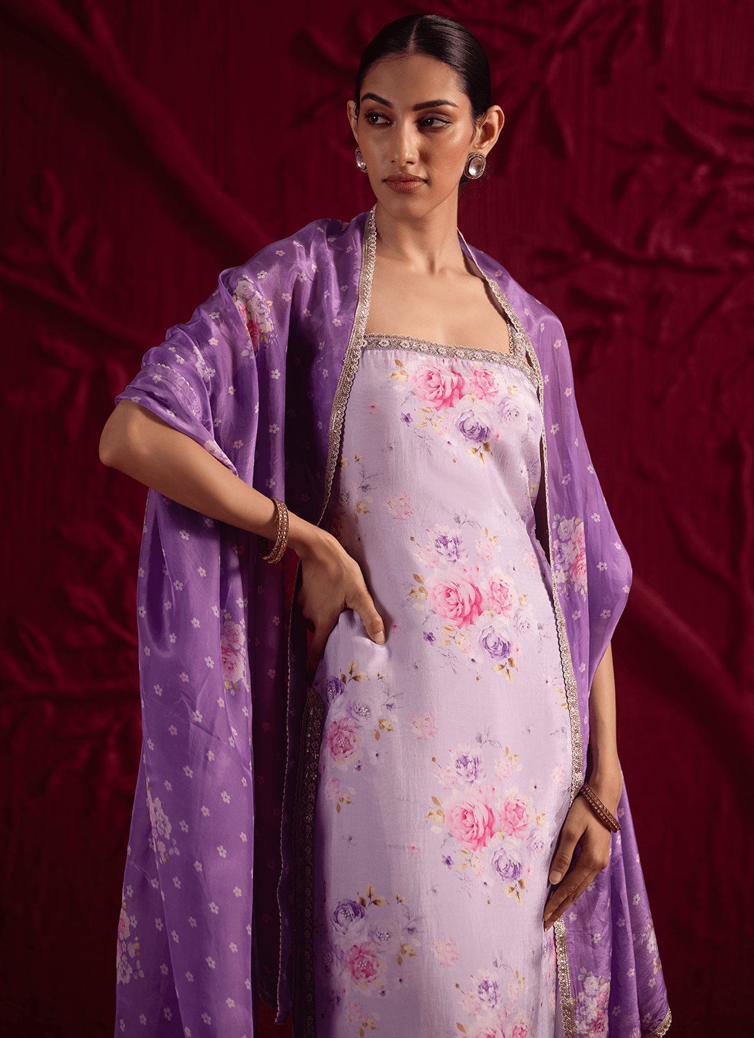 Purple Floral Embroidered Crepe Silk Straight Suit