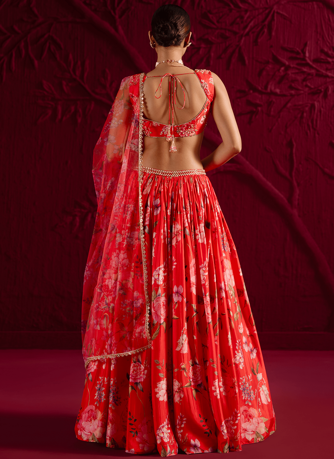Red Floral Embroidered Viscose Satin Georgette Lehenga