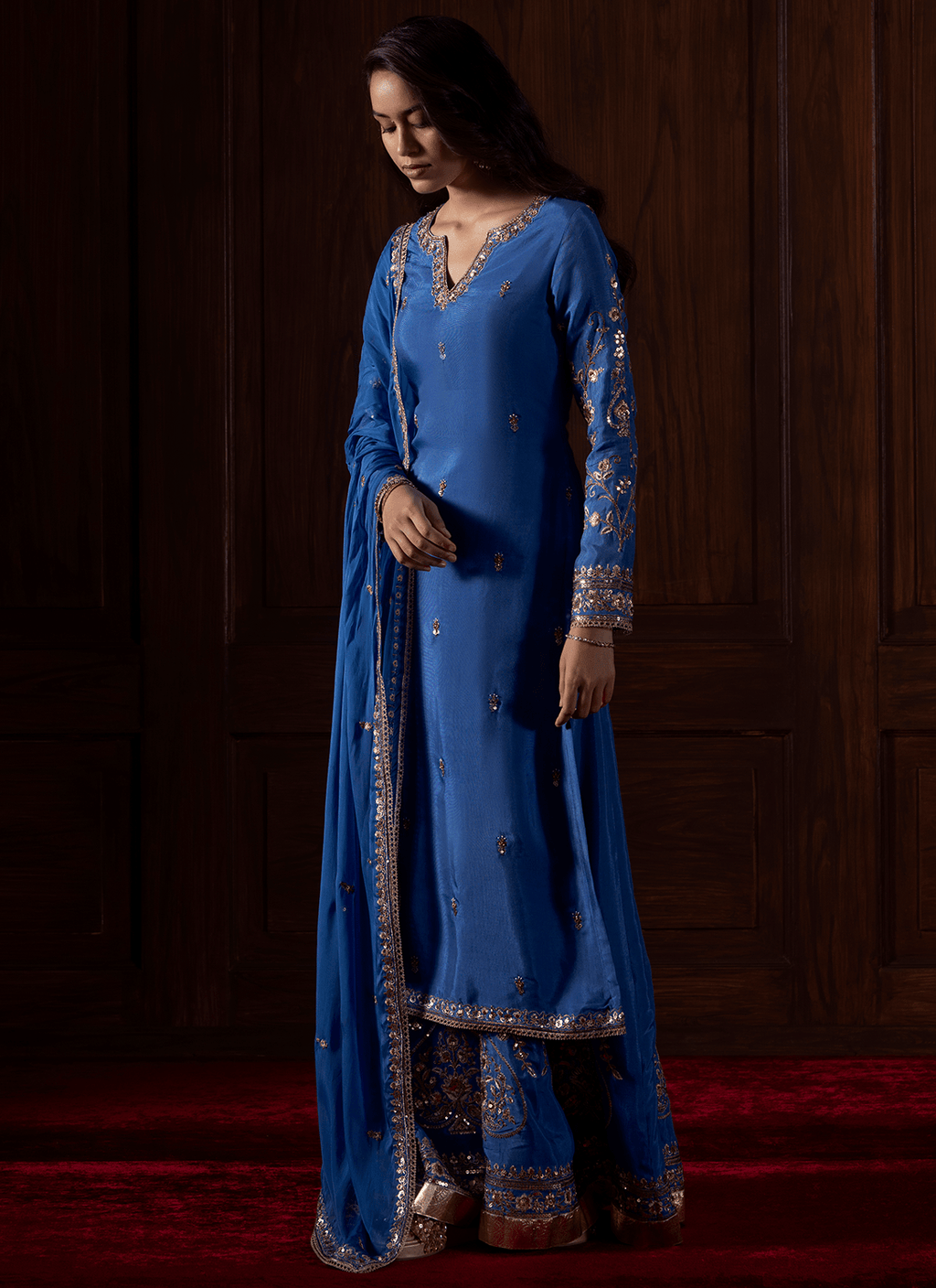 Royal Blue Embroidered Silk Sharara