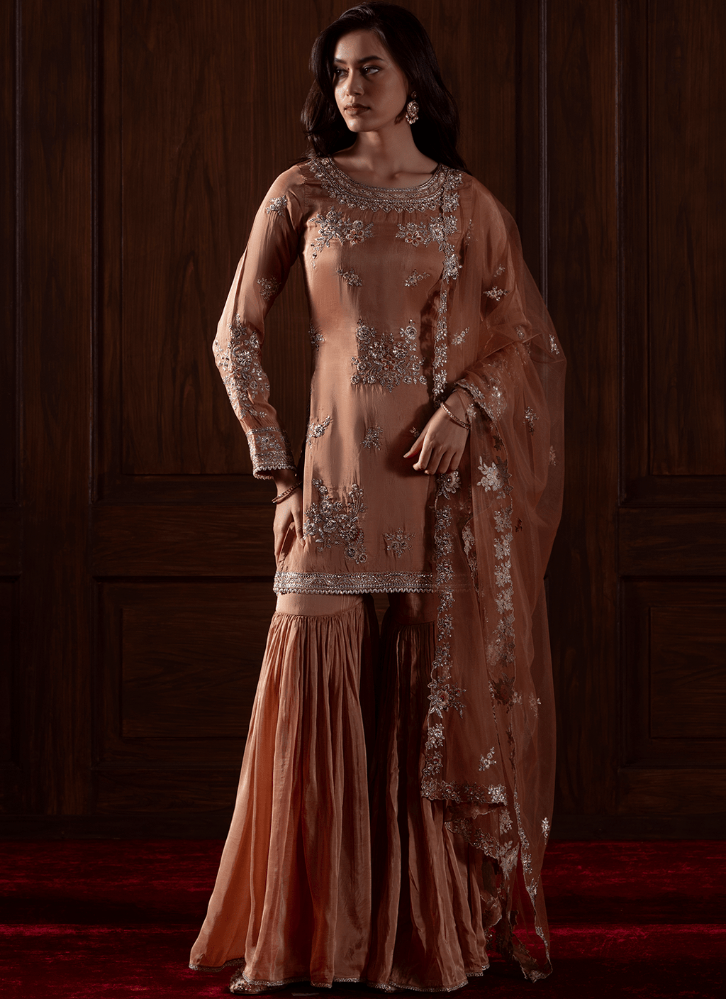 Rust Embroidered Silk Gharara