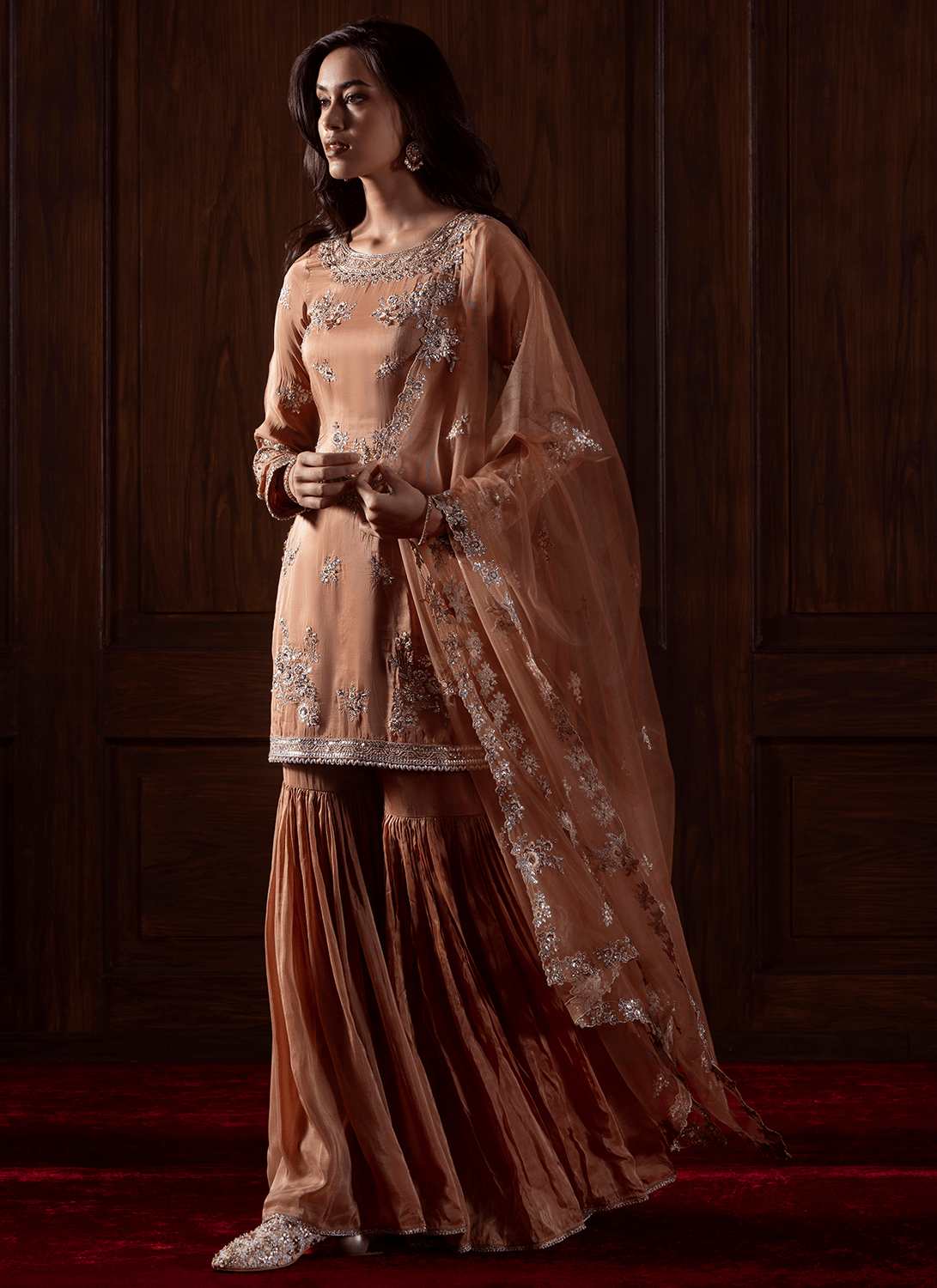 Rust Embroidered Silk Gharara