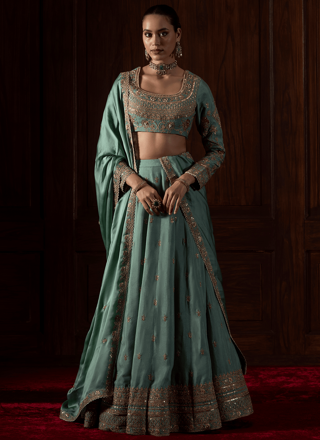 Sea Green Embroidered Organza Lehenga
