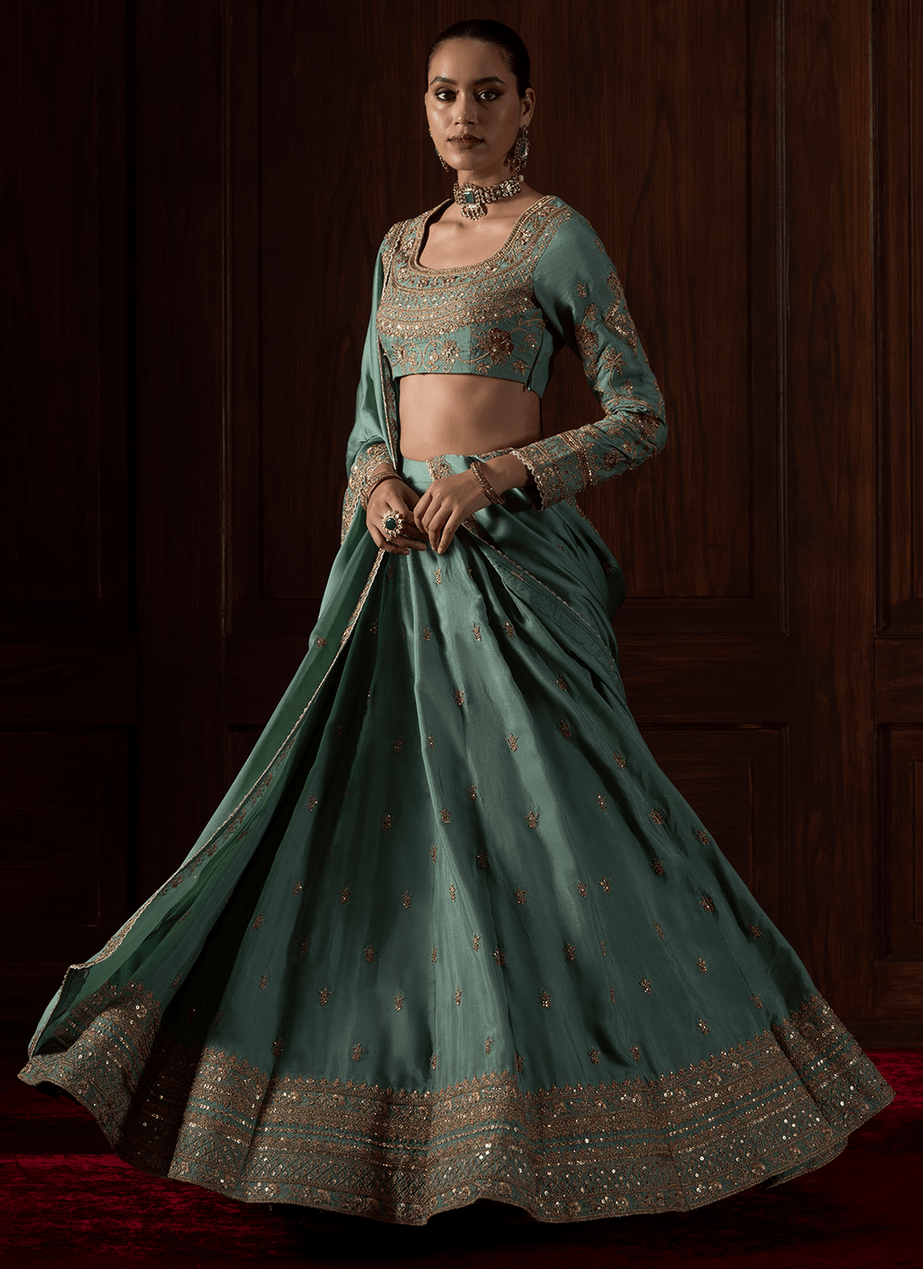 Sea Green Embroidered Organza Lehenga