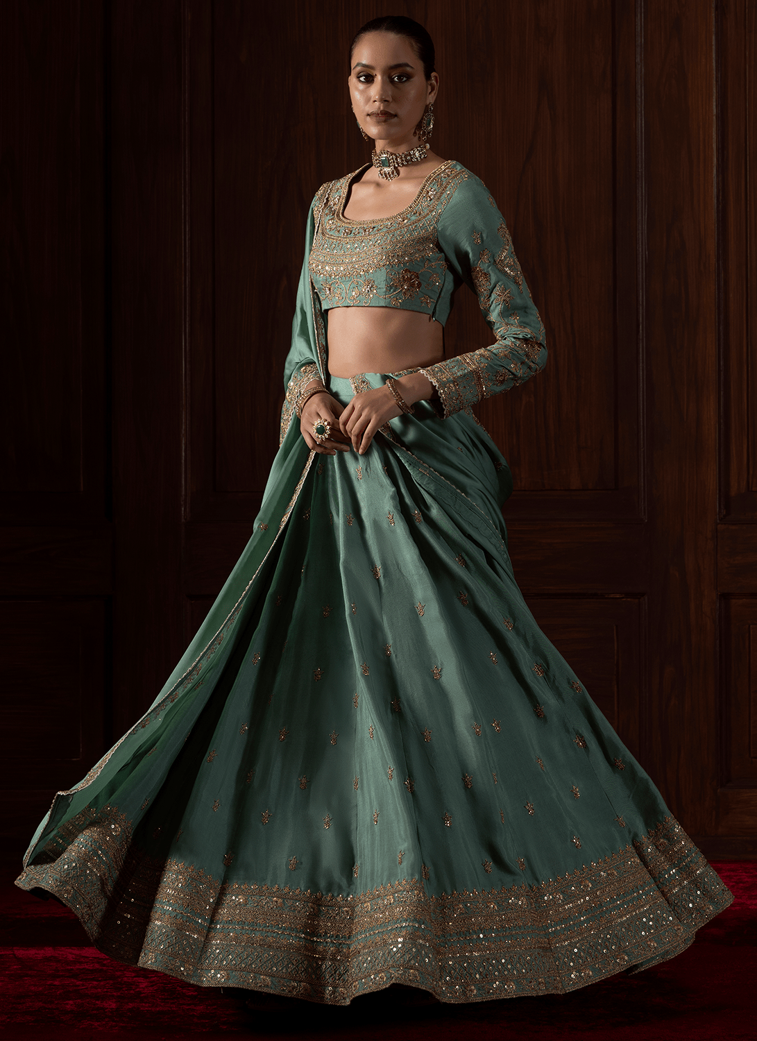 Sea Green Embroidered Organza Lehenga