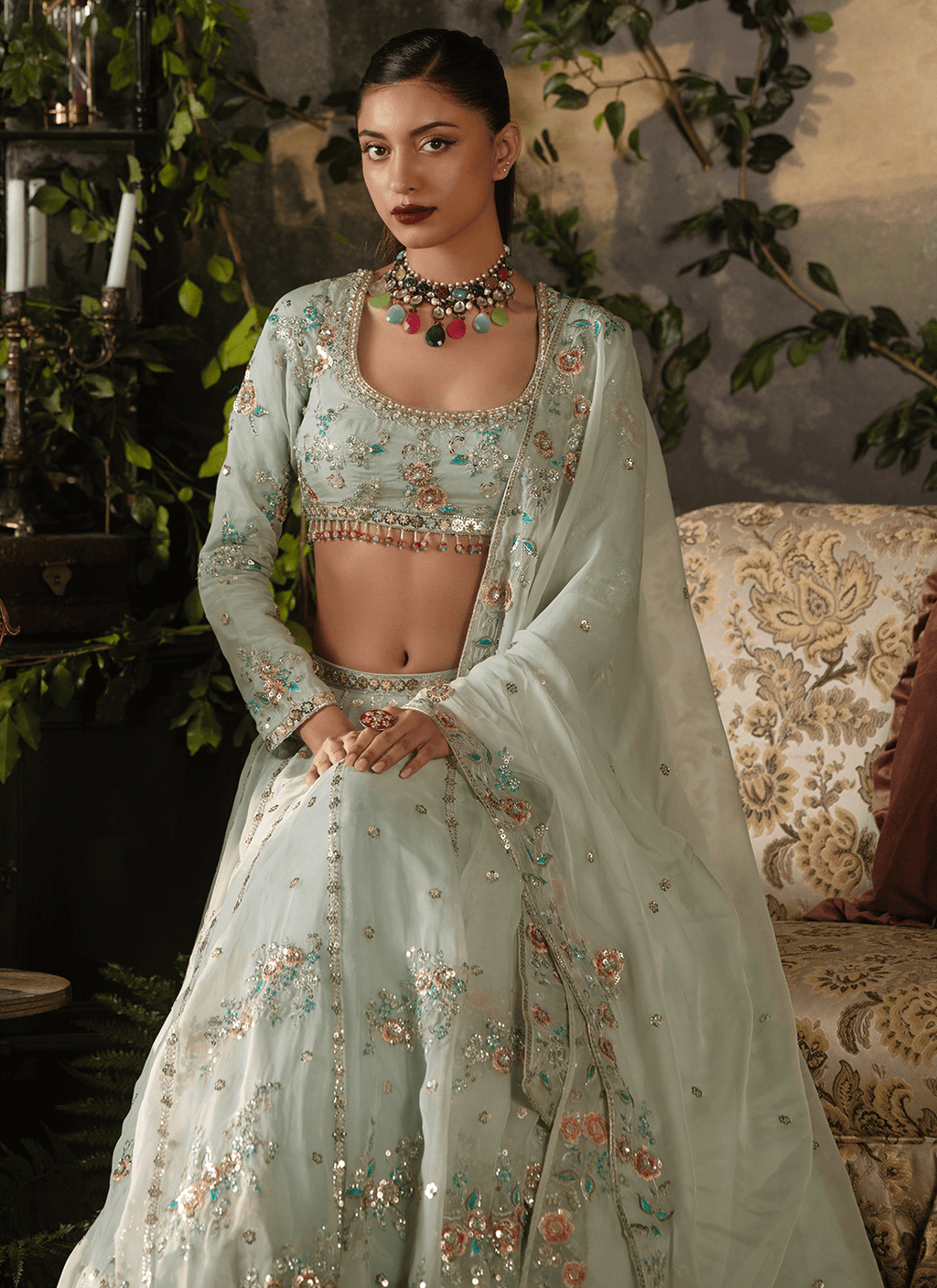 Sky Blue Embroidered Silk Lehenga