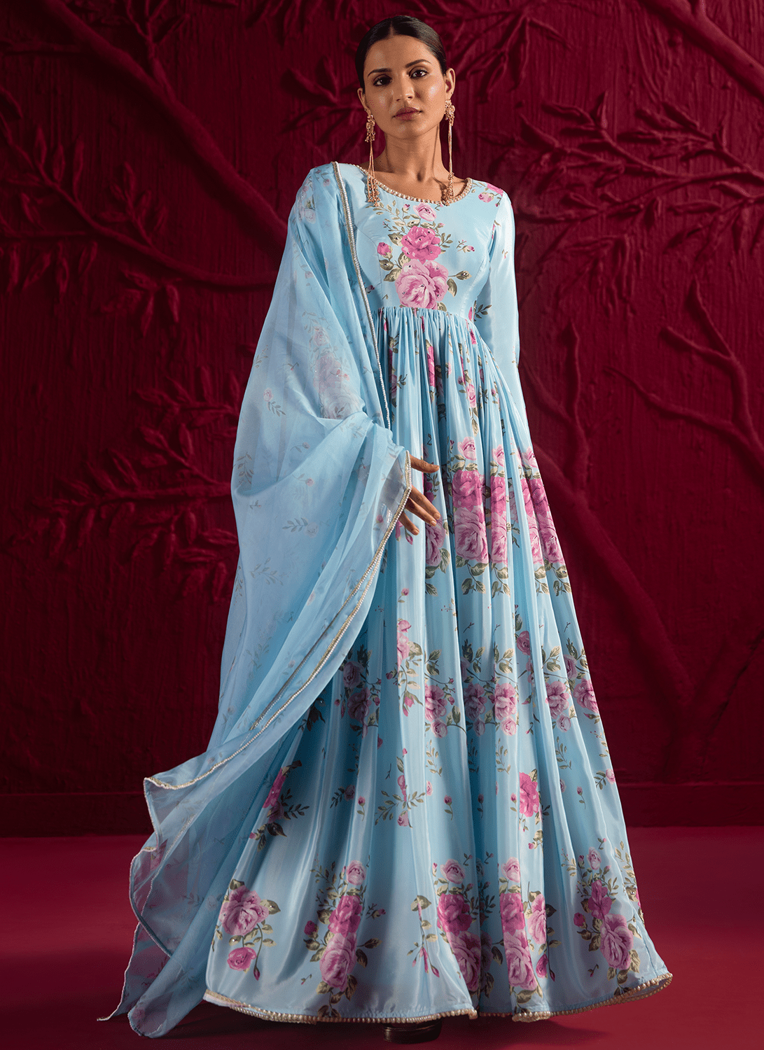 Sky Blue Floral Embroidered Crepe Anarkali