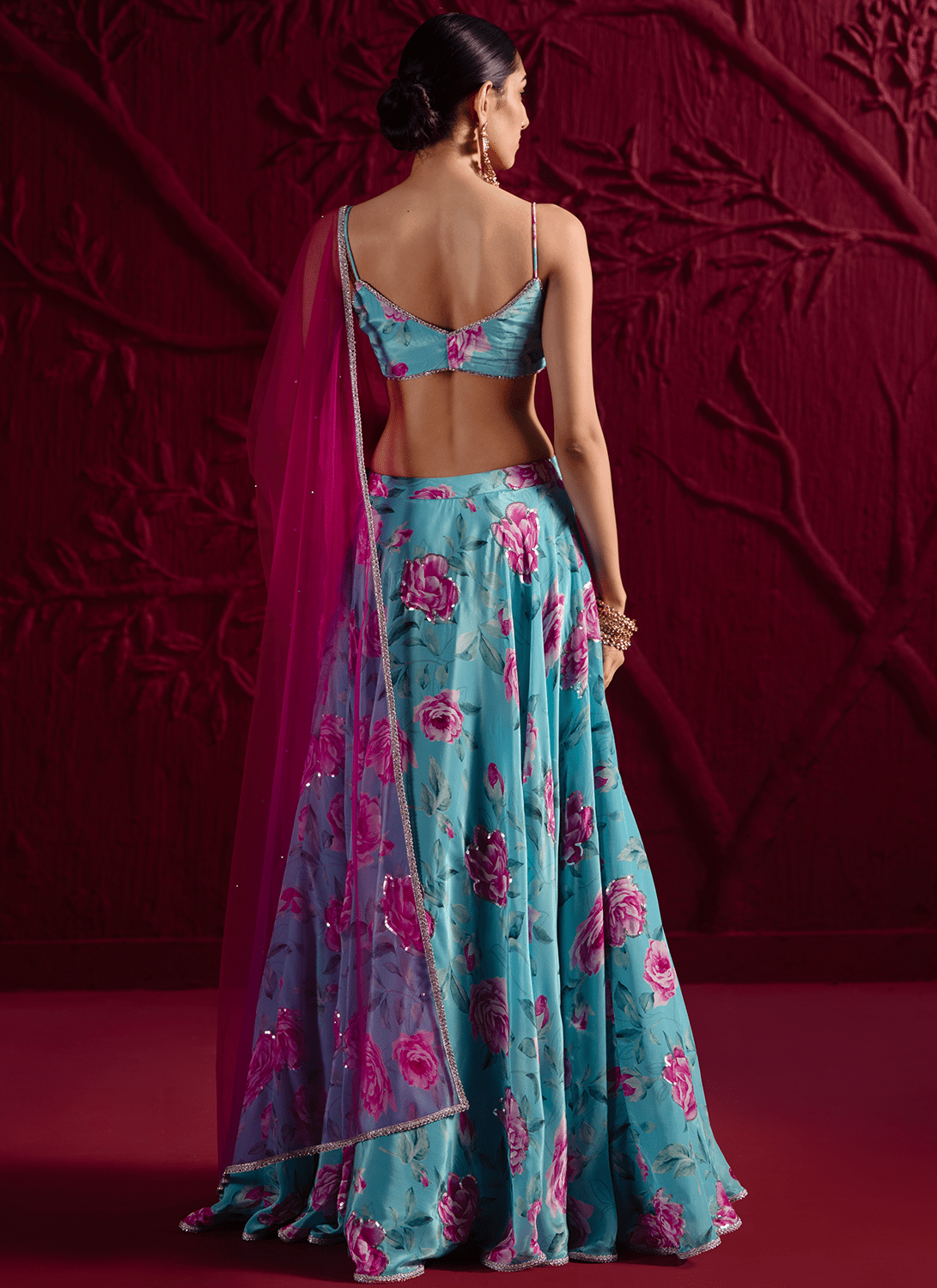 Sky Blue Floral Embroidered Crepe Silk Lehenga