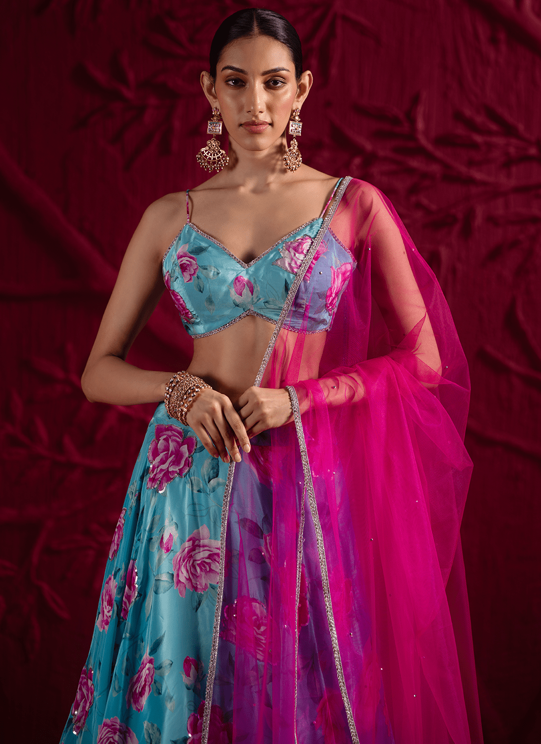 Sky Blue Floral Embroidered Crepe Silk Lehenga