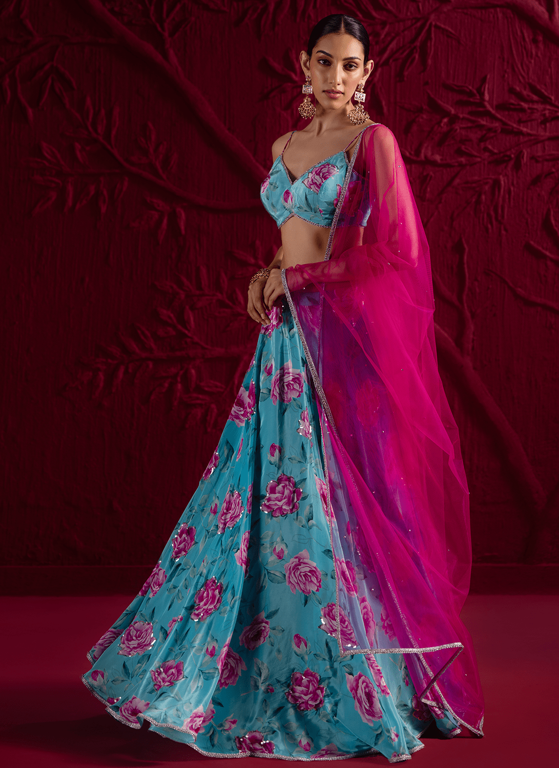 Sky Blue Floral Embroidered Crepe Silk Lehenga