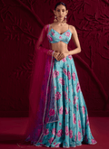 Sky Blue Floral Embroidered Crepe Silk Lehenga