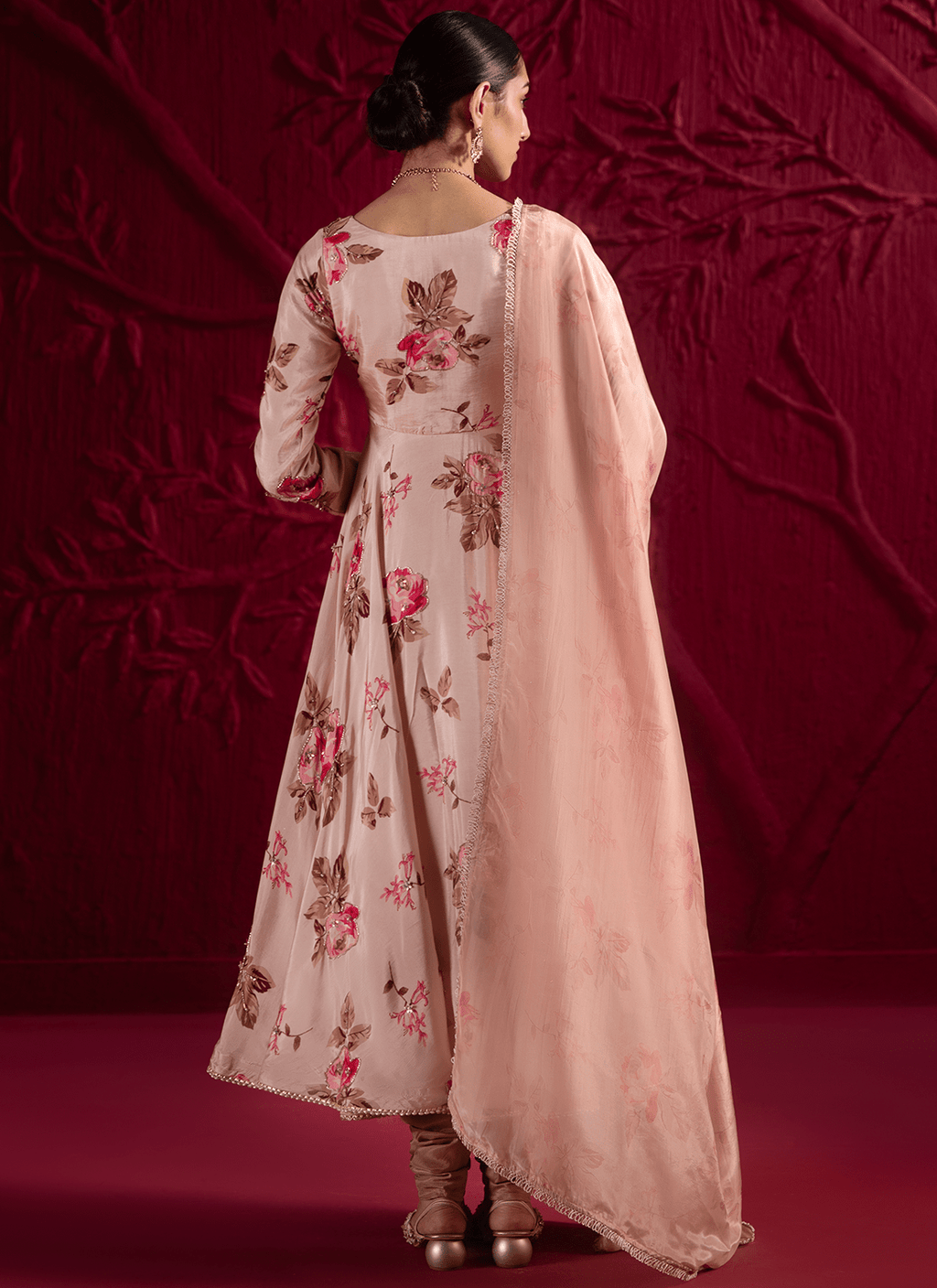 Soft Champagne Pink Floral Embroidered Anarkali