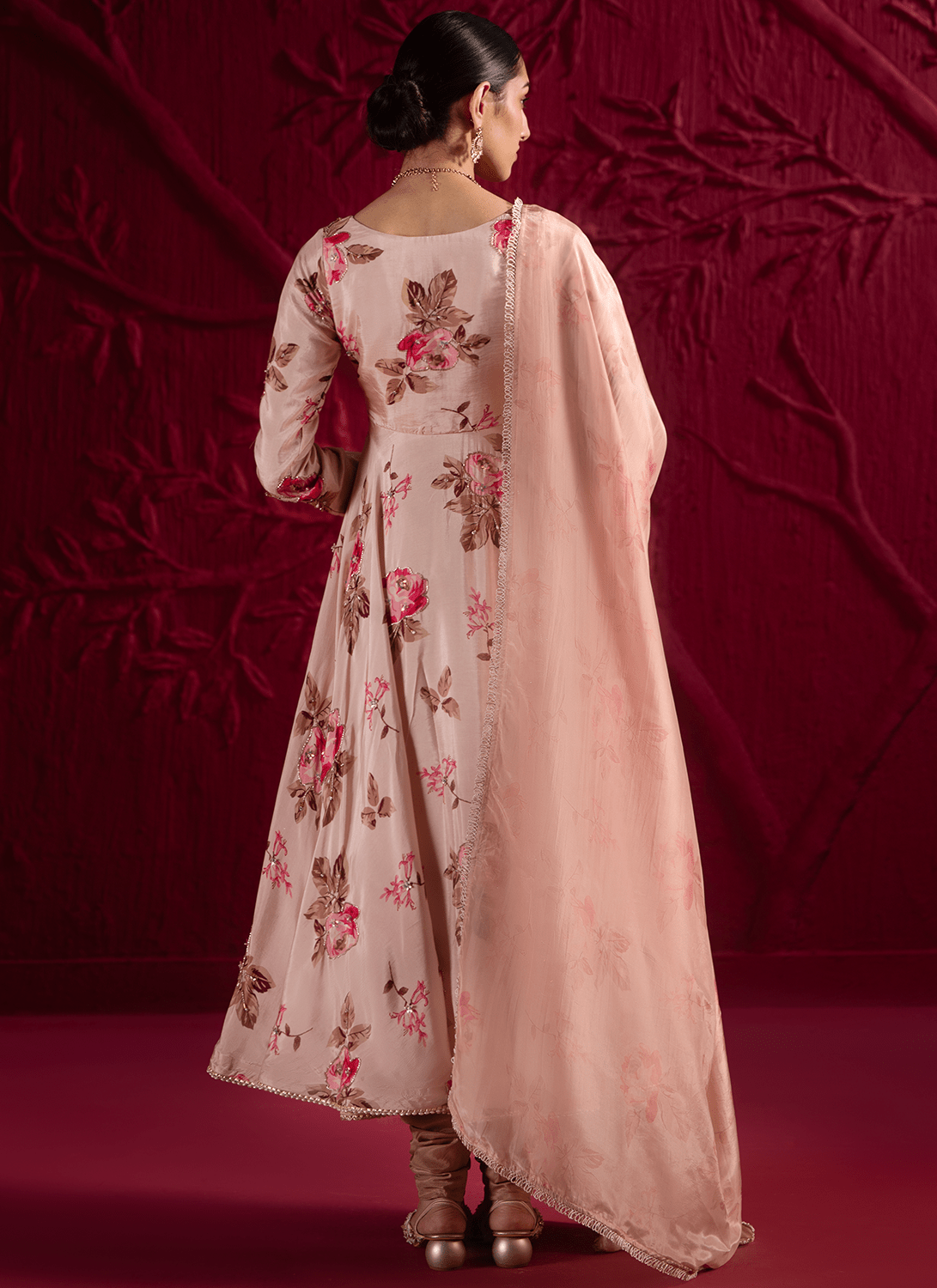 Soft Champagne Pink Floral Embroidered Anarkali