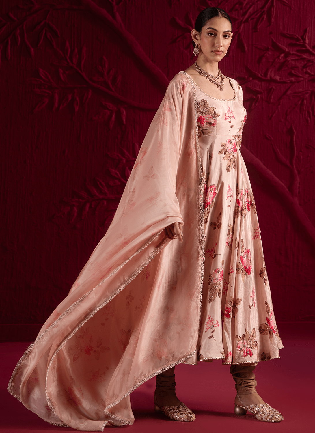Soft Champagne Pink Floral Embroidered Anarkali