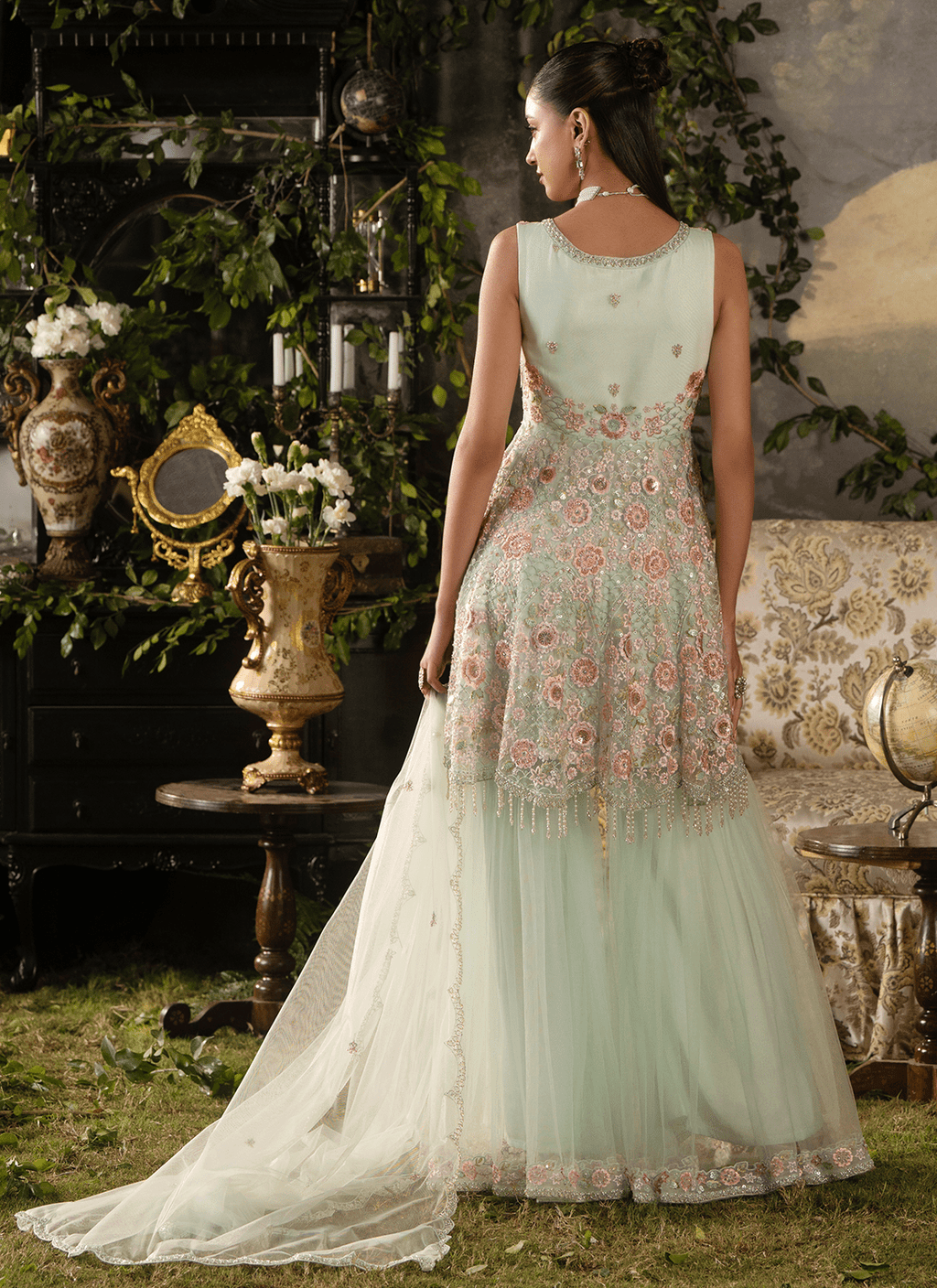 Soft Mint Embroidered Net Gharara