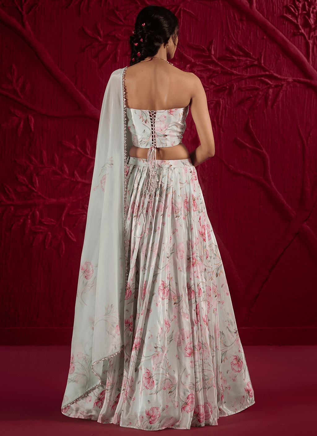 Soft Mint Green Floral Embroidered Crepe Silk Lehenga