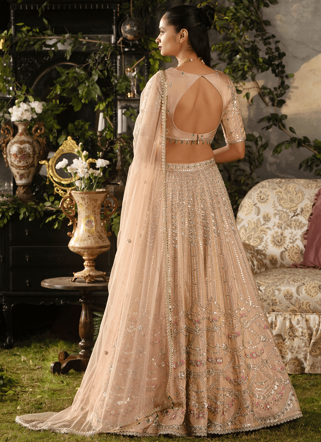 Soft Peach Embroidered Tissue Lehenga