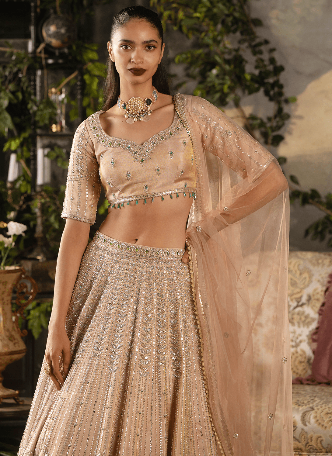 Soft Peach Embroidered Tissue Lehenga