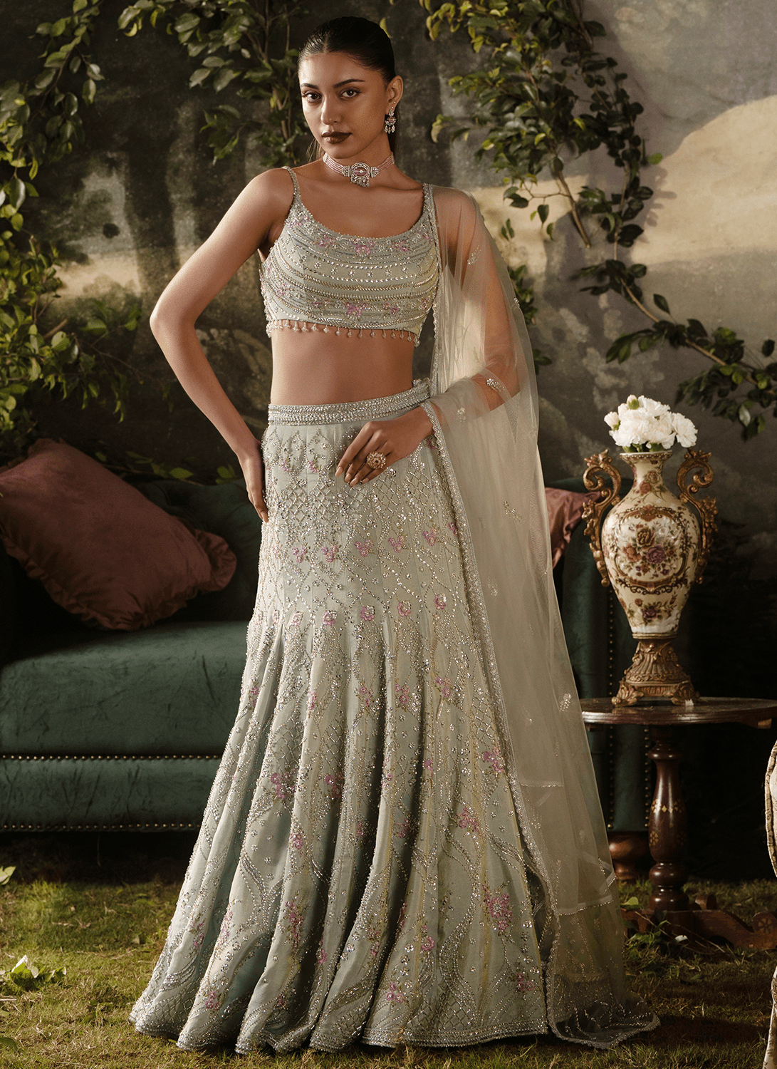 Steel Grey Fishcut Embroidered Tissue Lehenga