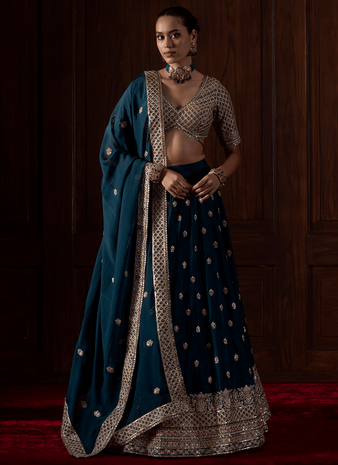 Teal Embroidered Silk Lehenga