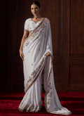 White Embroidered Satin Organza Saree