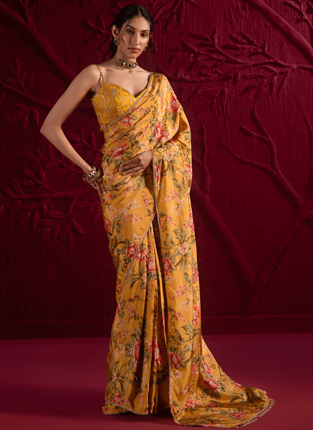 Yellow Floral Embroidered Crepe Silk Saree