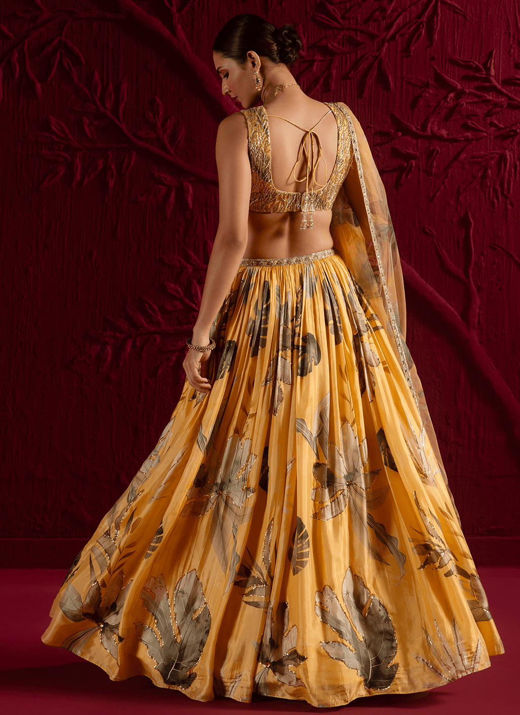 Yellow Floral Embroidered Viscose Satin Georgette Lehenga