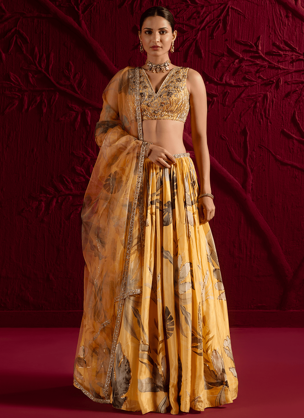Yellow Floral Embroidered Viscose Satin Georgette Lehenga