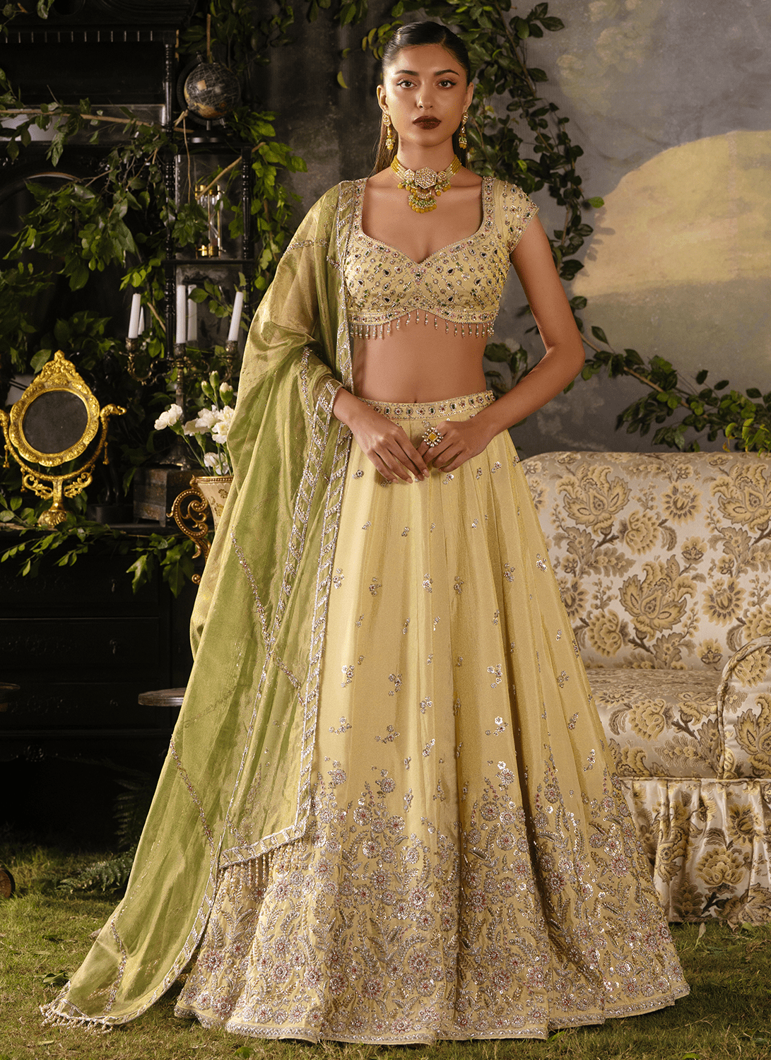 Yellow Gold Embroidered Tissue Lehenga